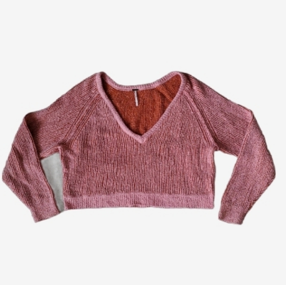 💖 🧡 Free People Pink & Orange Textured Slouchy Crop V-Neck Sweater - Picture 4 of 5